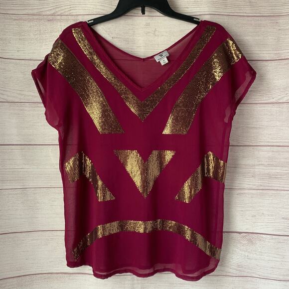 Worthington Pink and Gold Sequin Blouse Short Sleeve V Neck Size Medium - Picture 1 of 15